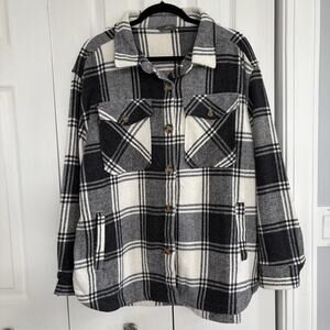 Members Mark Plaid Shacket XL Black Gray Ivory Oversized Button Front Cabin Core